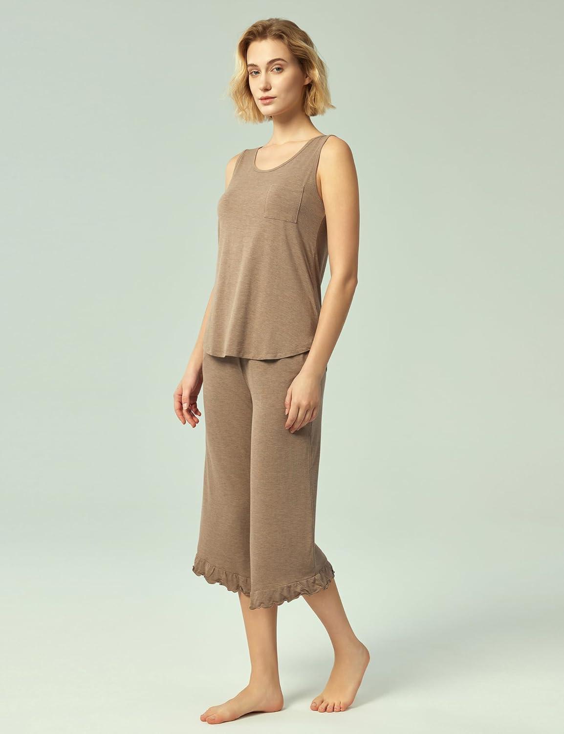 imageGYS Womens Pajama Sets 2 Piece Bamboo Viscose Lounge Sets for Women Soft Tank Top and Capri Pants Sleepwear Pjs SXXLCamel