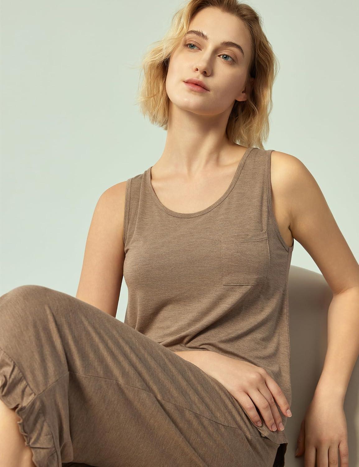 imageGYS Womens Pajama Sets 2 Piece Bamboo Viscose Lounge Sets for Women Soft Tank Top and Capri Pants Sleepwear Pjs SXXLCamel