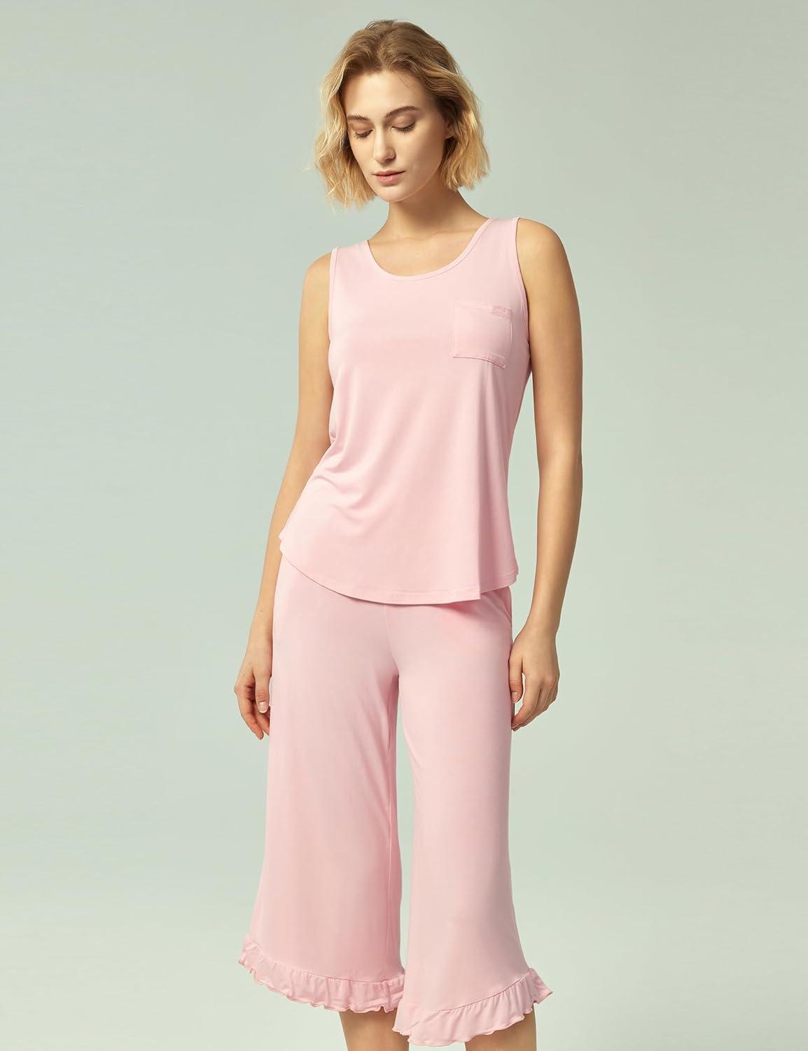 imageGYS Womens Pajama Sets 2 Piece Bamboo Viscose Lounge Sets for Women Soft Tank Top and Capri Pants Sleepwear Pjs SXXLPink