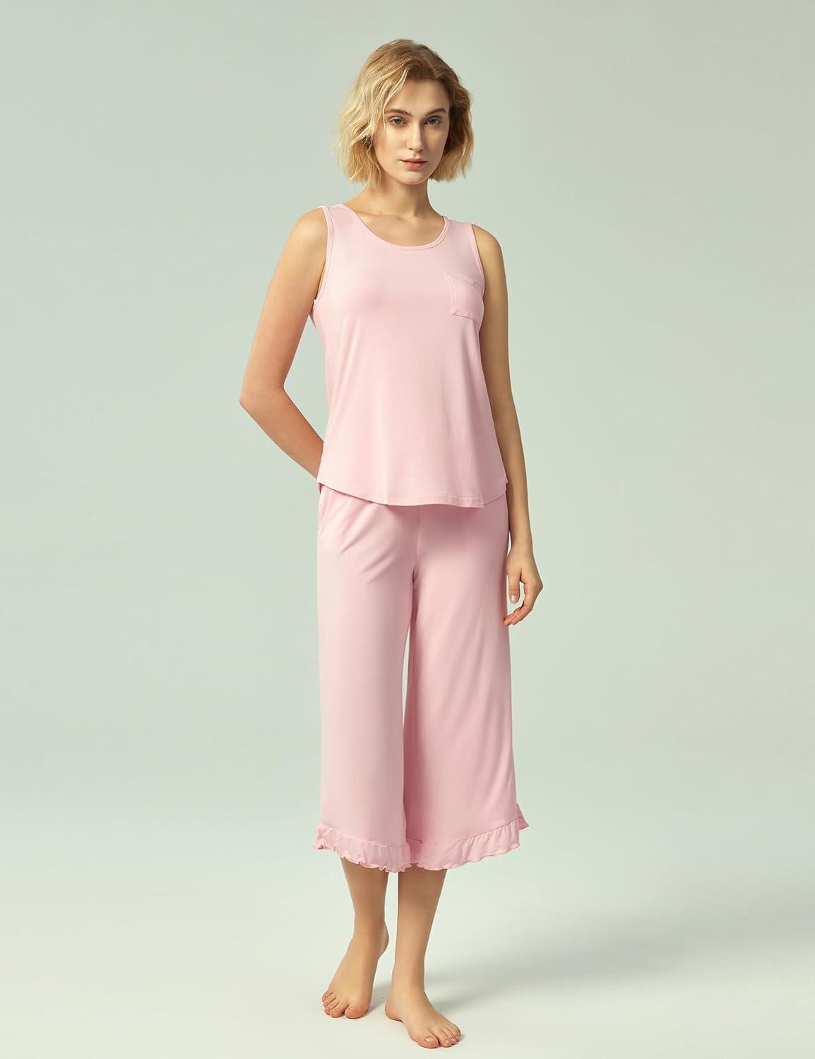 imageGYS Womens Pajama Sets 2 Piece Bamboo Viscose Lounge Sets for Women Soft Tank Top and Capri Pants Sleepwear Pjs SXXLPink