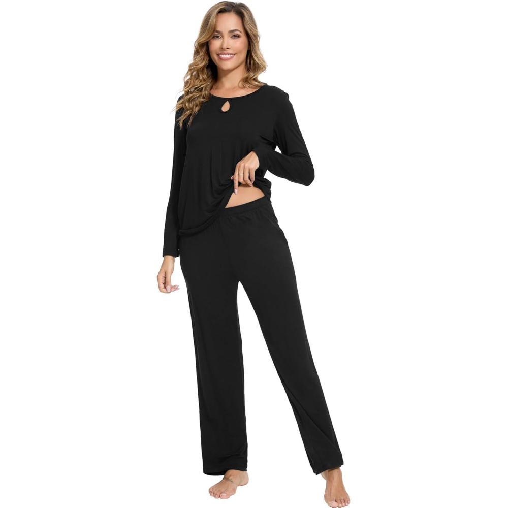 imageGYS Bamboo Viscose Pajamas Set for Women Crew Neck Long Sleeve Sleepwear Soft Loungewear SetBlack
