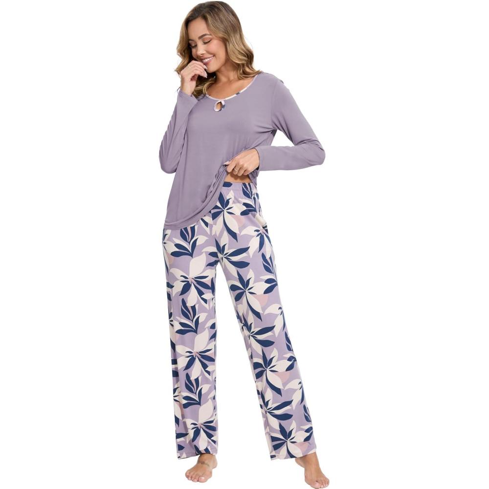 imageGYS Bamboo Viscose Pajamas Set for Women Crew Neck Long Sleeve Sleepwear Soft Loungewear SetVioletPlants