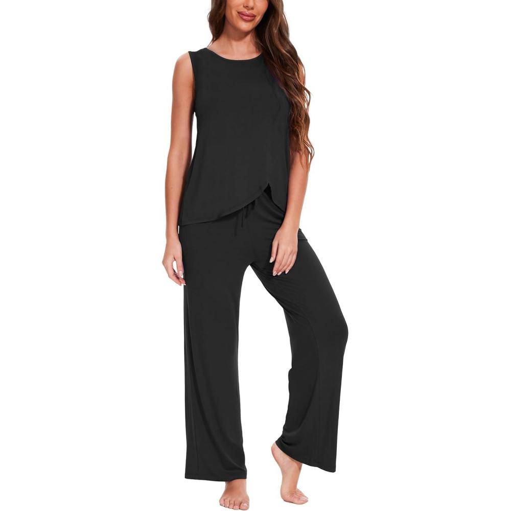 imageGYS Bamboo Viscose Pajamas for Women Set Soft Tank and Drawstring Pants Lounge Sets Sleeveless Lightweight Sleepwear Pj SetBlack