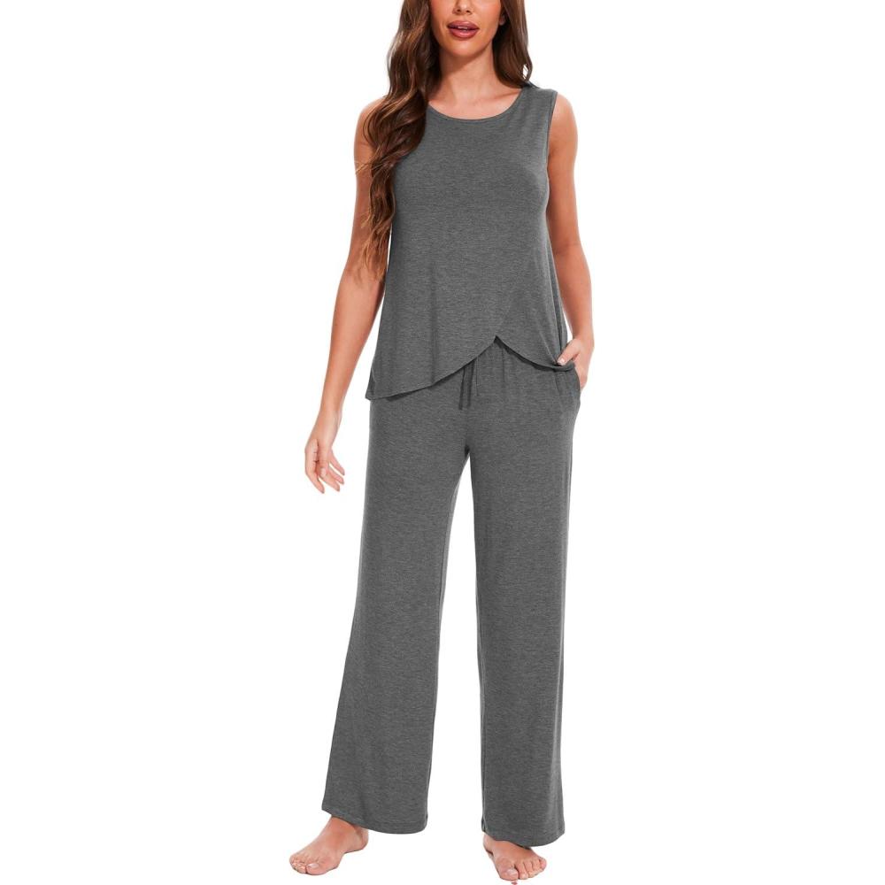 imageGYS Bamboo Viscose Pajamas for Women Set Soft Tank and Drawstring Pants Lounge Sets Sleeveless Lightweight Sleepwear Pj SetDark Heather Grey