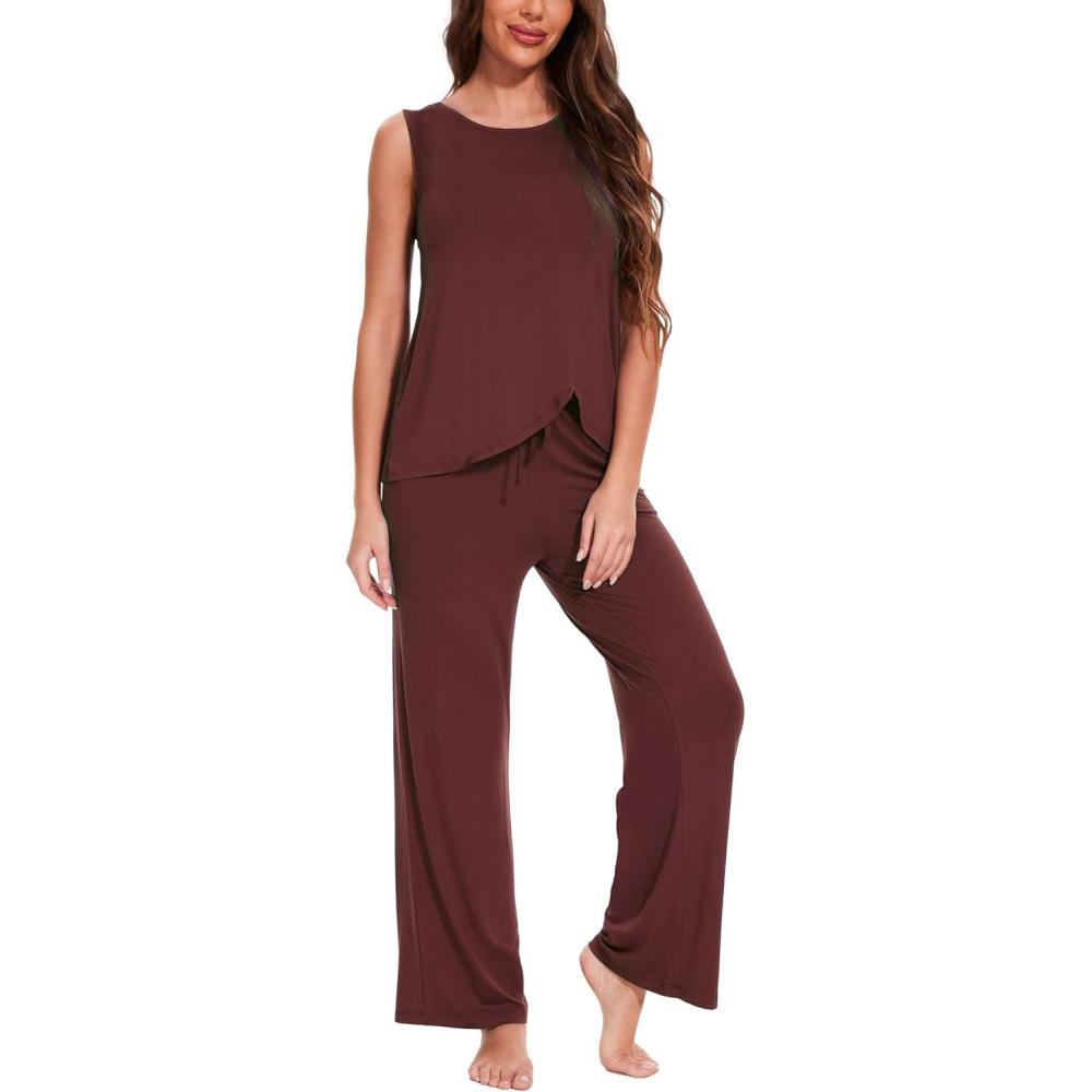 imageGYS Bamboo Viscose Pajamas for Women Set Soft Tank and Drawstring Pants Lounge Sets Sleeveless Lightweight Sleepwear Pj SetFicus Red