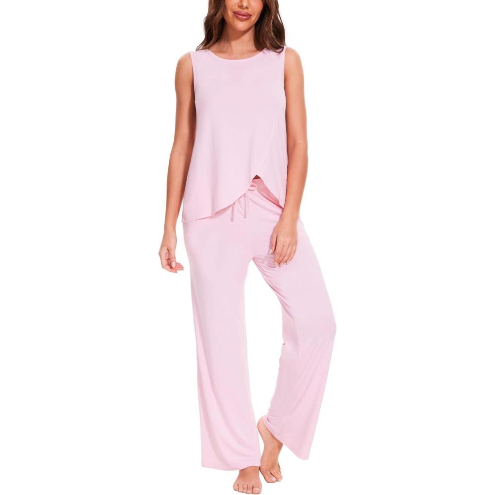 imageGYS Bamboo Viscose Pajamas for Women Set Soft Tank and Drawstring Pants Lounge Sets Sleeveless Lightweight Sleepwear Pj SetPink