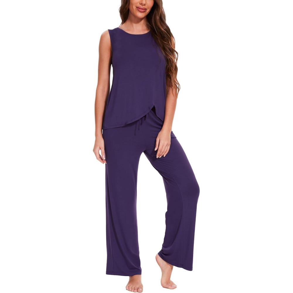 imageGYS Bamboo Viscose Pajamas for Women Set Soft Tank and Drawstring Pants Lounge Sets Sleeveless Lightweight Sleepwear Pj SetPurple