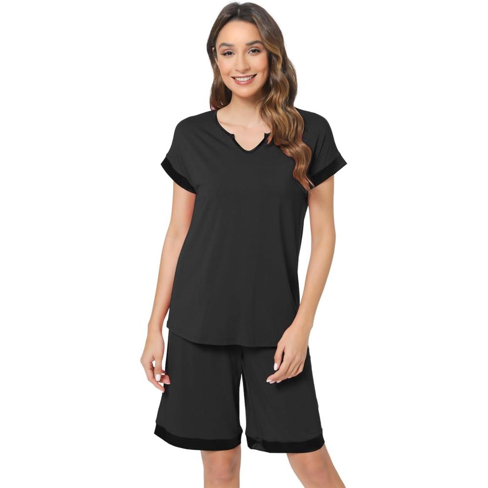 imageGYS Bamboo Viscose Womens Pajama Sets 2 Piece Soft Short Sleeve Shirt and Bermuda Shorts Pajamas Set Lounge SetsBlack