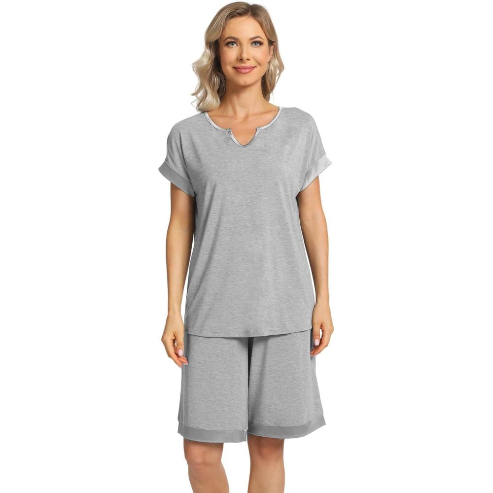 imageGYS Bamboo Viscose Womens Pajama Sets 2 Piece Soft Short Sleeve Shirt and Bermuda Shorts Pajamas Set Lounge SetsHeather Grey