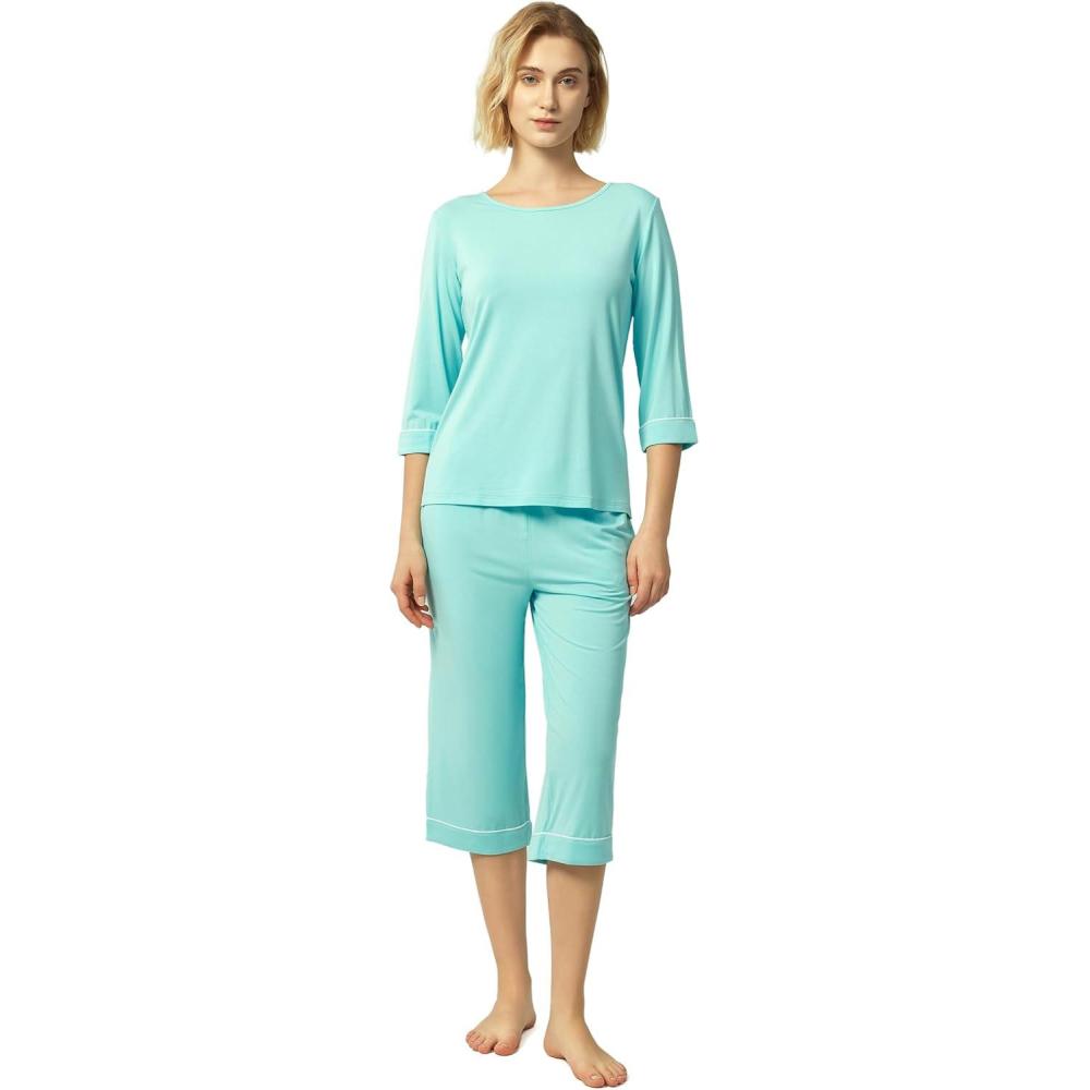 imageGYS Bamboo Viscose Womens Pajama Sets 34 Sleeve Top and Capri Pants 2 Piece Sleep SetAqua