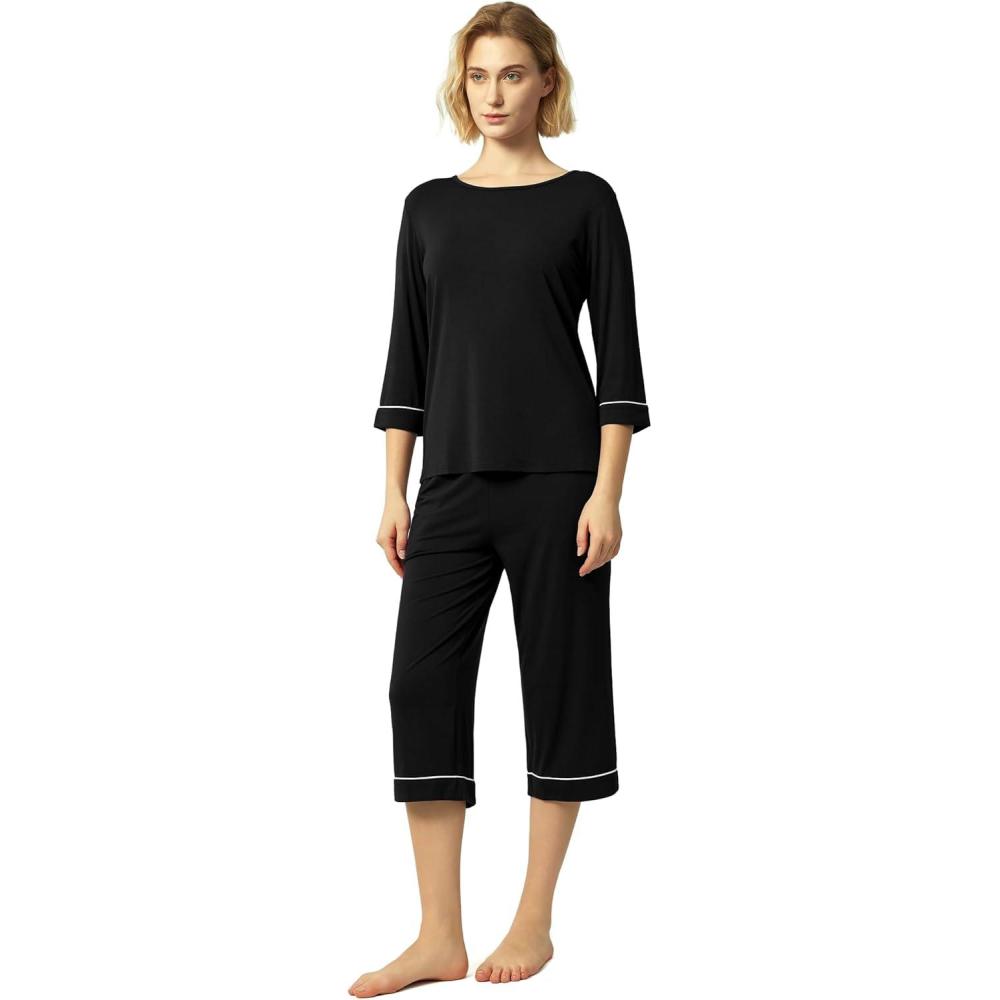 imageGYS Bamboo Viscose Womens Pajama Sets 34 Sleeve Top and Capri Pants 2 Piece Sleep SetBlack