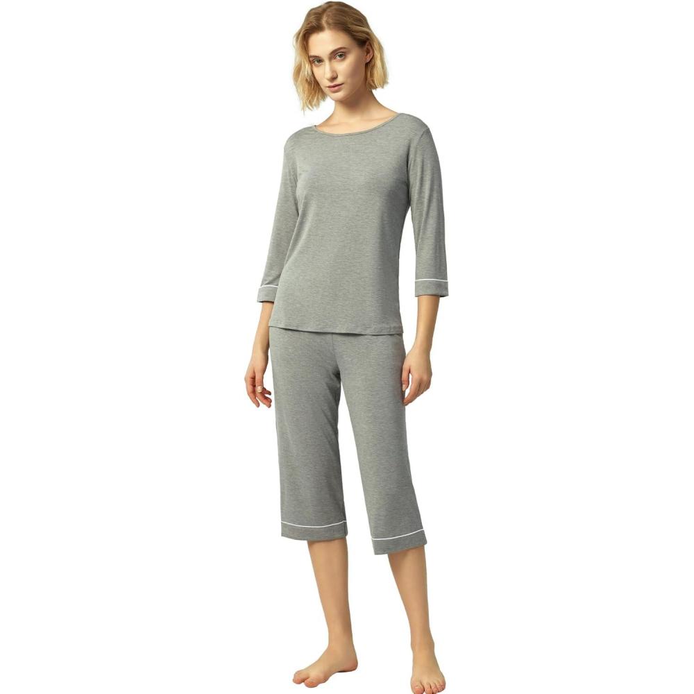 imageGYS Bamboo Viscose Womens Pajama Sets 34 Sleeve Top and Capri Pants 2 Piece Sleep SetHeather Grey