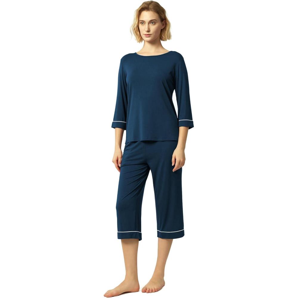 imageGYS Bamboo Viscose Womens Pajama Sets 34 Sleeve Top and Capri Pants 2 Piece Sleep SetInk Blue