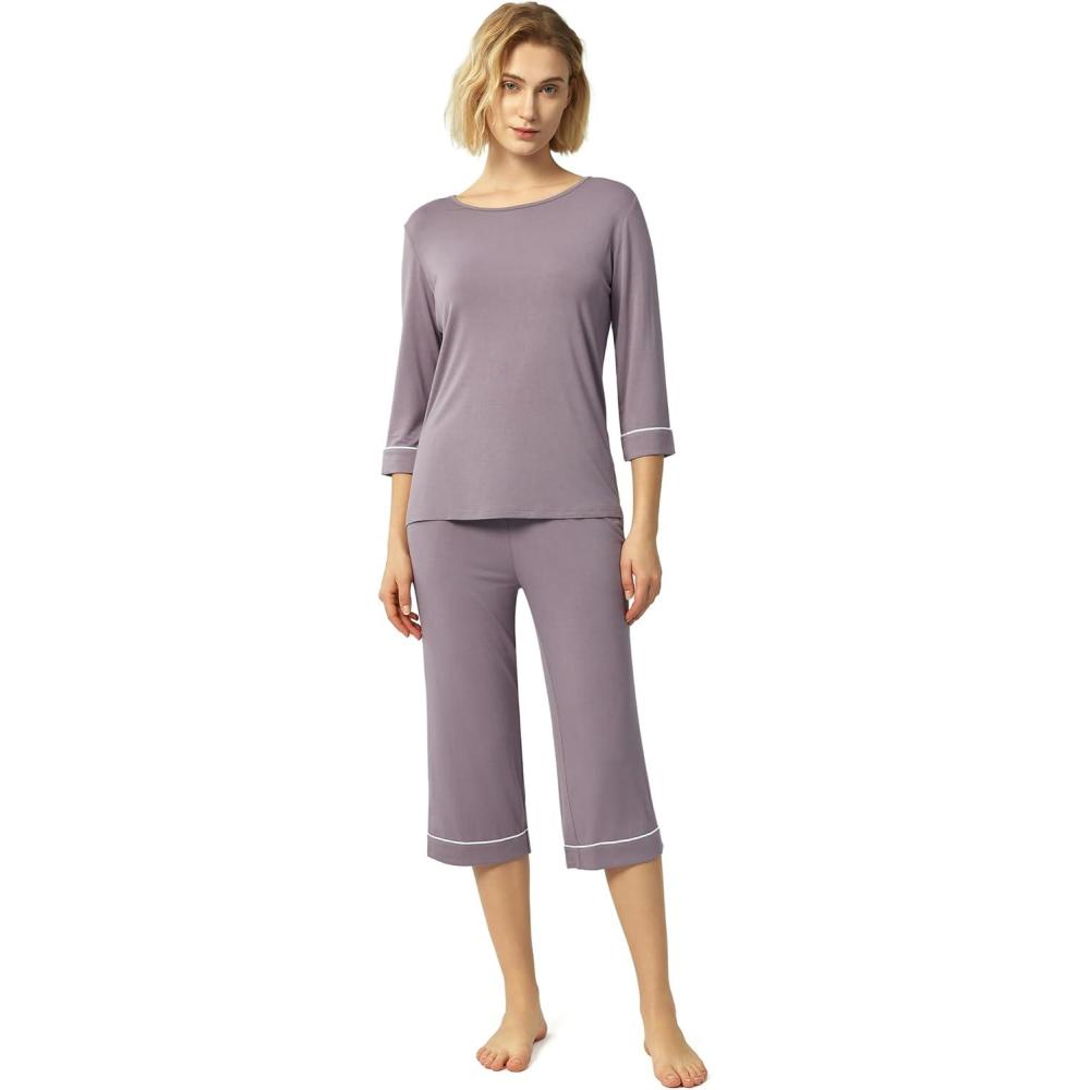 imageGYS Bamboo Viscose Womens Pajama Sets 34 Sleeve Top and Capri Pants 2 Piece Sleep SetViolet
