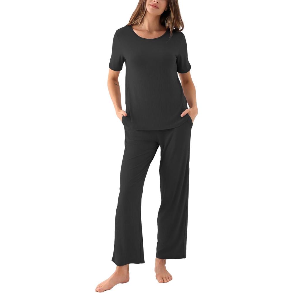 imageGYS Bamboo Viscose Womens Pajama Sets MoistureWicking Short Sleeve Sleep Set with Pocket Sleepwear for Nightly ComfortBlack