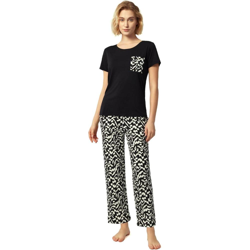 imageGYS Soft Pajama Sets for Women Short Sleeve Printed Sleep Set Viscose Made from BambooBlack