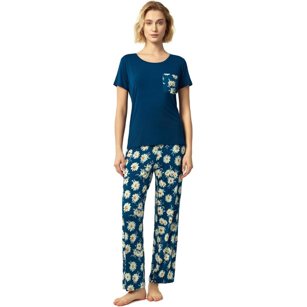 imageGYS Soft Pajama Sets for Women Short Sleeve Printed Sleep Set Viscose Made from BambooBlue Daisy