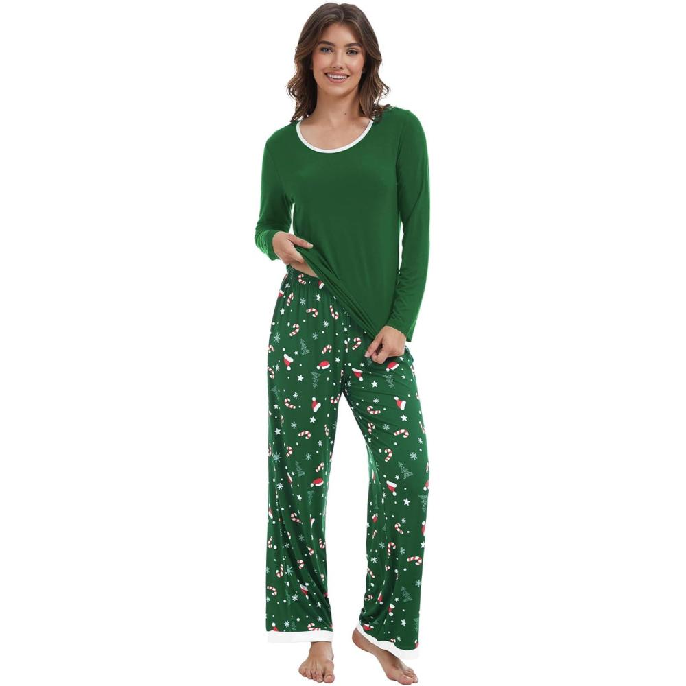 imageGYS Viscose from Bamboo Womens Pajama Sets Super Soft Long Sleeve Sleepwear Comfy Winter Pjs Sets S4XA Round Neck Xmas Green