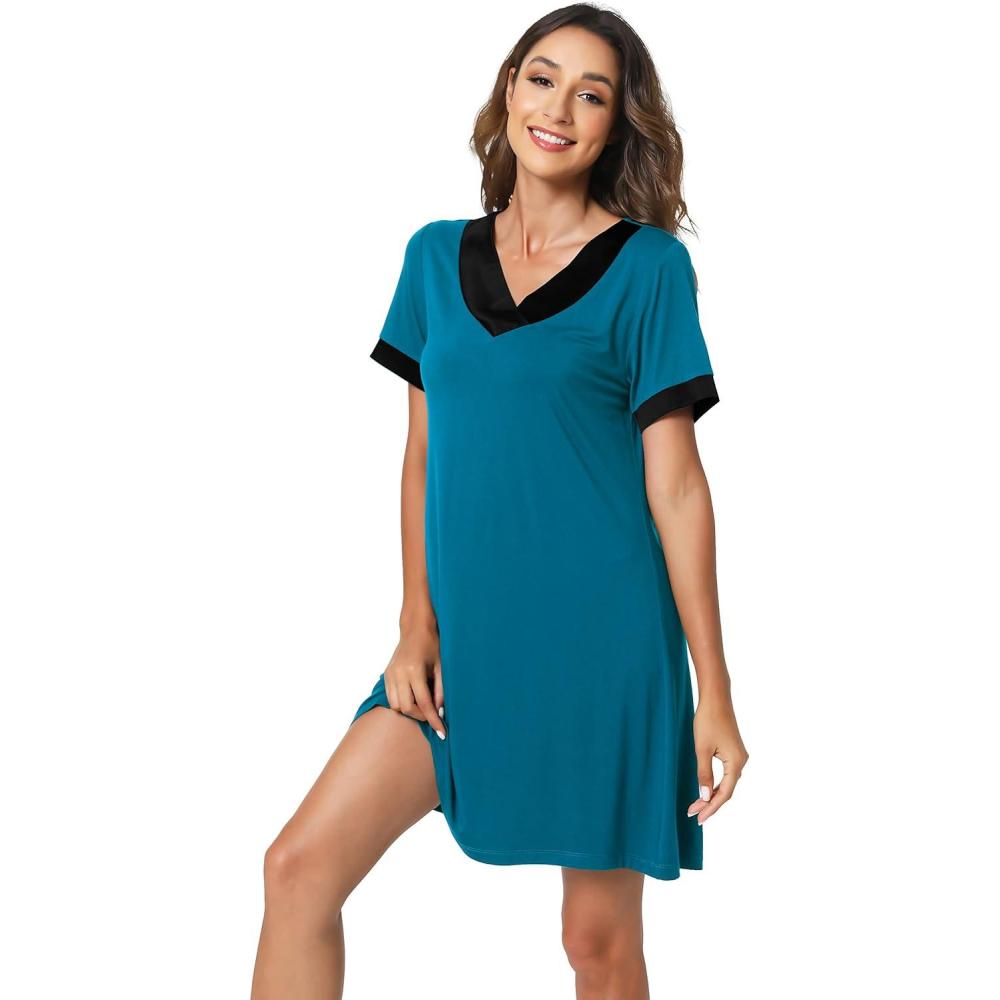 imageGYS Womens Bamboo Viscose Short Sleeve Nightgowns Soft V Neck Knit SleepwearTeal Blue