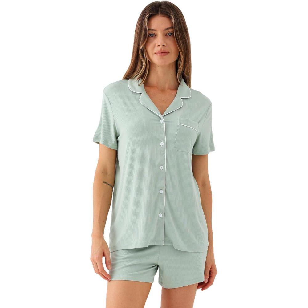 imageGYS Womens Pajama Set Bamboo Viscose Short Sleeve Button Down 2 Piece Sleep SetsAqua