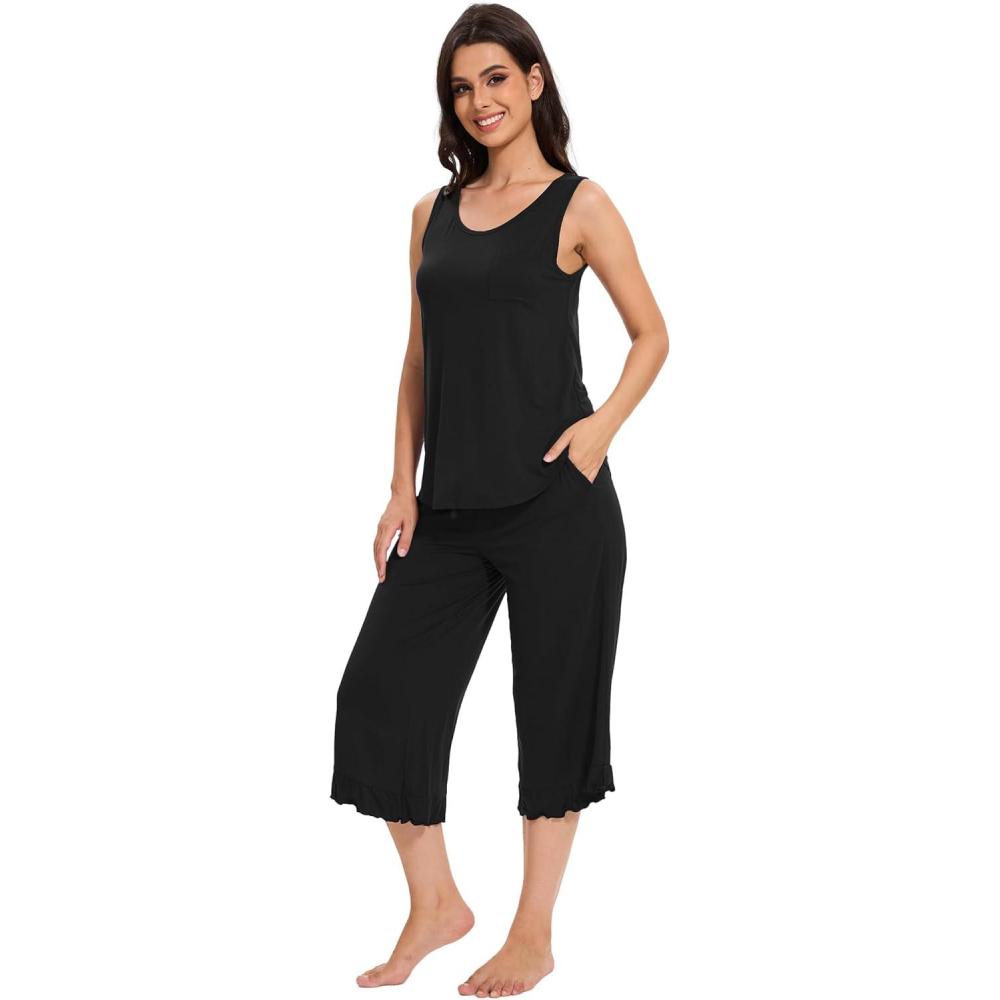 imageGYS Womens Pajama Sets 2 Piece Bamboo Viscose Lounge Sets for Women Soft Tank Top and Capri Pants Sleepwear Pjs SXXLBlack