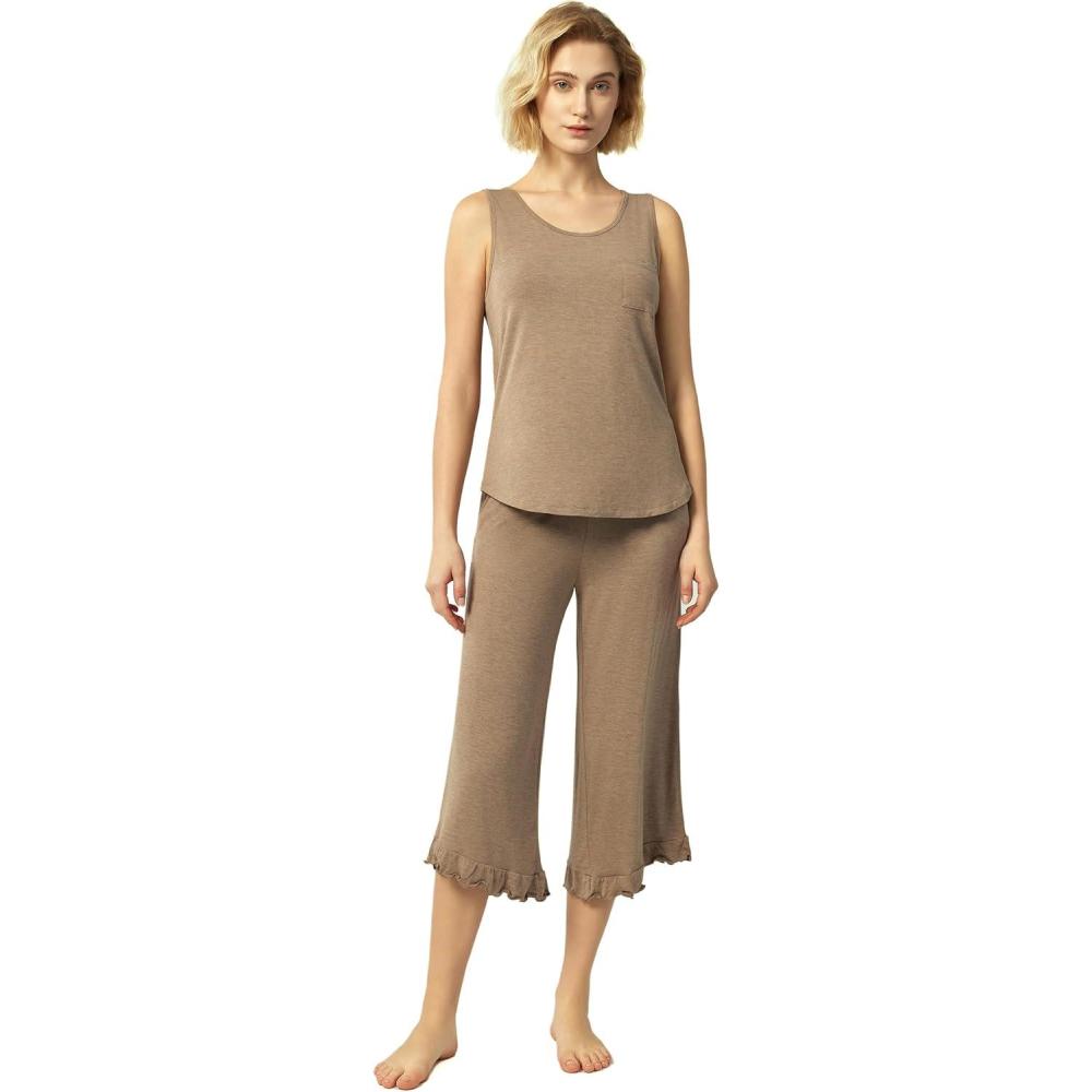 imageGYS Womens Pajama Sets 2 Piece Bamboo Viscose Lounge Sets for Women Soft Tank Top and Capri Pants Sleepwear Pjs SXXLCamel