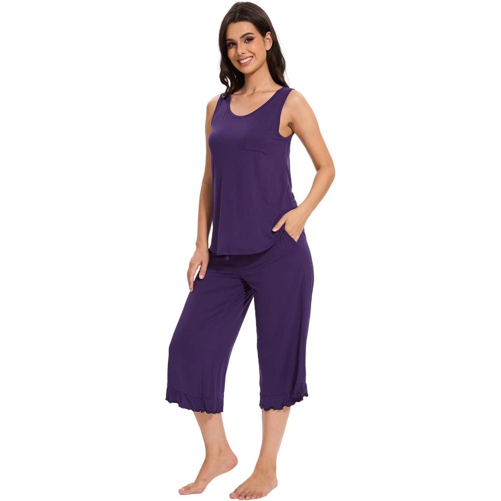 imageGYS Womens Pajama Sets 2 Piece Bamboo Viscose Lounge Sets for Women Soft Tank Top and Capri Pants Sleepwear Pjs SXXLDeep Purple