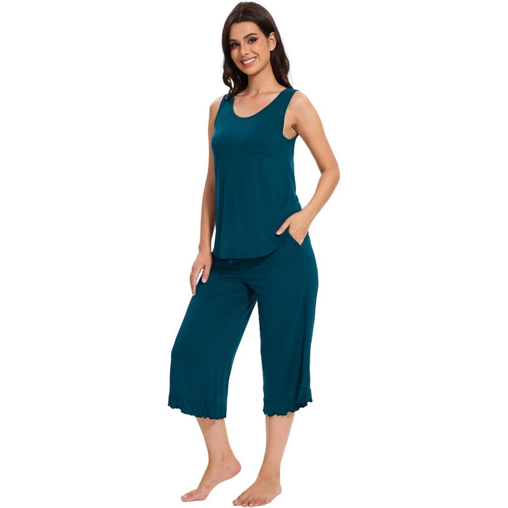 imageGYS Womens Pajama Sets 2 Piece Bamboo Viscose Lounge Sets for Women Soft Tank Top and Capri Pants Sleepwear Pjs SXXLLyons Blue