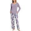 GYS Bamboo Viscose Pajamas Set for Women Crew Neck Long Sleeve Sleepwear Soft Loungewear Set(Violet/Plants)