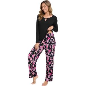 GYS Bamboo Viscose Pajamas Set for Women Crew Neck Long Sleeve Sleepwear Soft Loungewear Set(Black/Flowers)