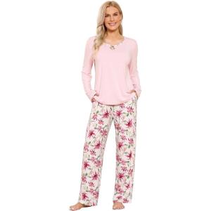 GYS Bamboo Viscose Pajamas Set for Women Crew Neck Long Sleeve Sleepwear Soft Loungewear Set(Pink/Flowers)