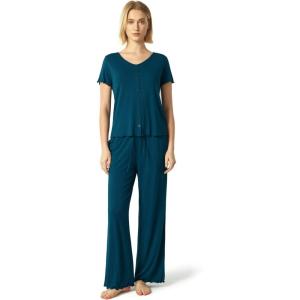 GYS Bamboo Viscose Pajamas for Women Short Sleeve Sleep Shirt and Wide Leg Pj Pants Sleepwear Set(Lyons Blue)
