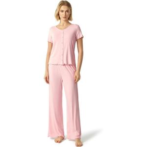 GYS Bamboo Viscose Pajamas for Women Short Sleeve Sleep Shirt and Wide Leg Pj Pants Sleepwear Set(Pink)