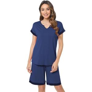GYS Bamboo Viscose Womens Pajama Sets 2 Piece, Soft Short Sleeve Shirt and Bermuda Shorts Pajamas Set Lounge Sets(Navy)