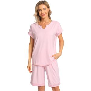 GYS Bamboo Viscose Womens Pajama Sets 2 Piece, Soft Short Sleeve Shirt and Bermuda Shorts Pajamas Set Lounge Sets(Pink)