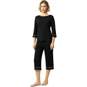 GYS Bamboo Viscose Women’s Pajama Sets 3/4 Sleeve Top and Capri Pants 2 Piece Sleep Set(Black)