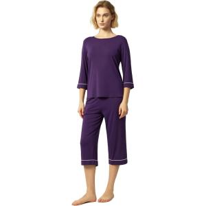GYS Bamboo Viscose Women’s Pajama Sets 3/4 Sleeve Top and Capri Pants 2 Piece Sleep Set(Deep Purple)