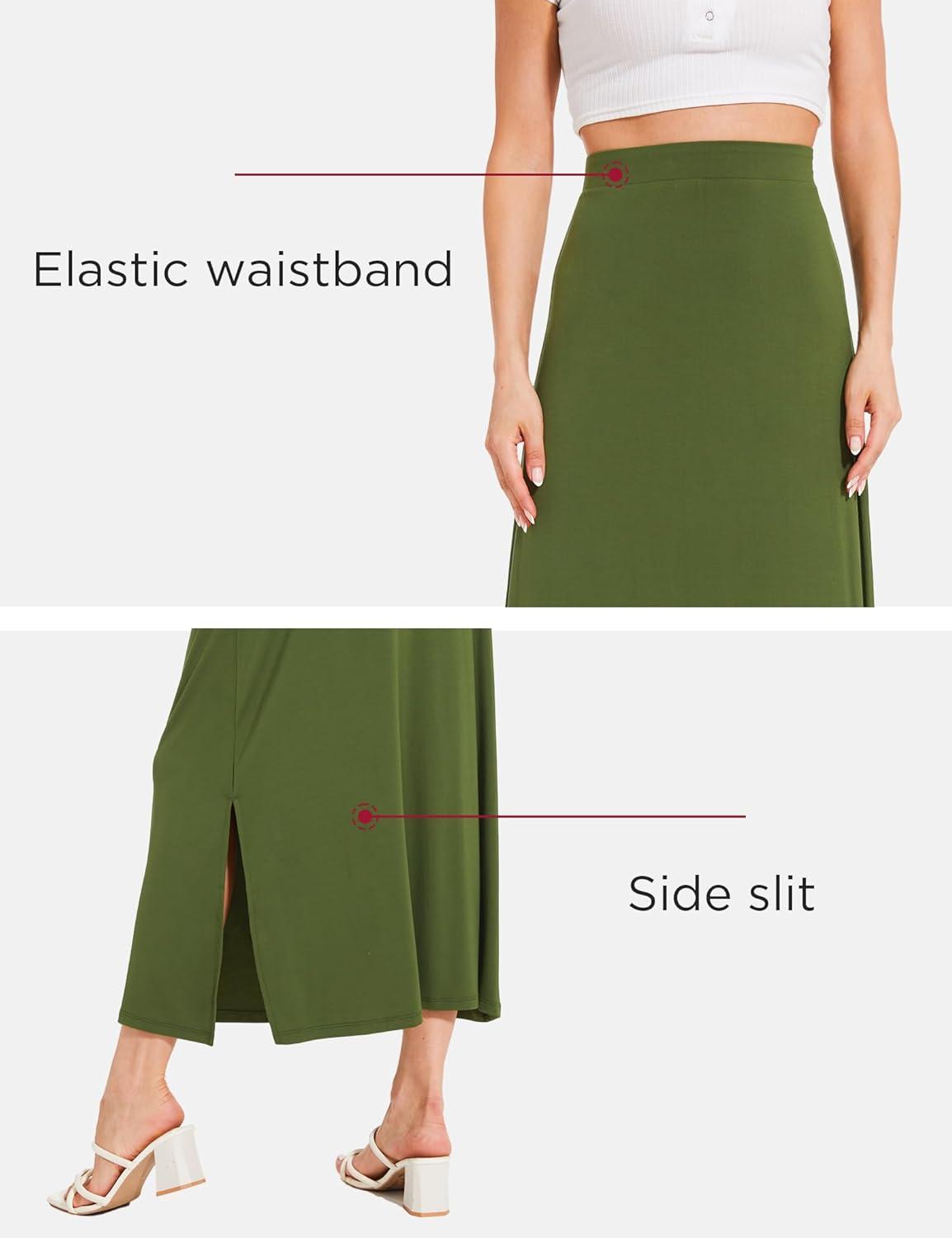 imageGYS Bamboo Viscose Skirts for Women Midi Length Flowy High Waisted Summer Knit Long Skirts with SlitArmy Green