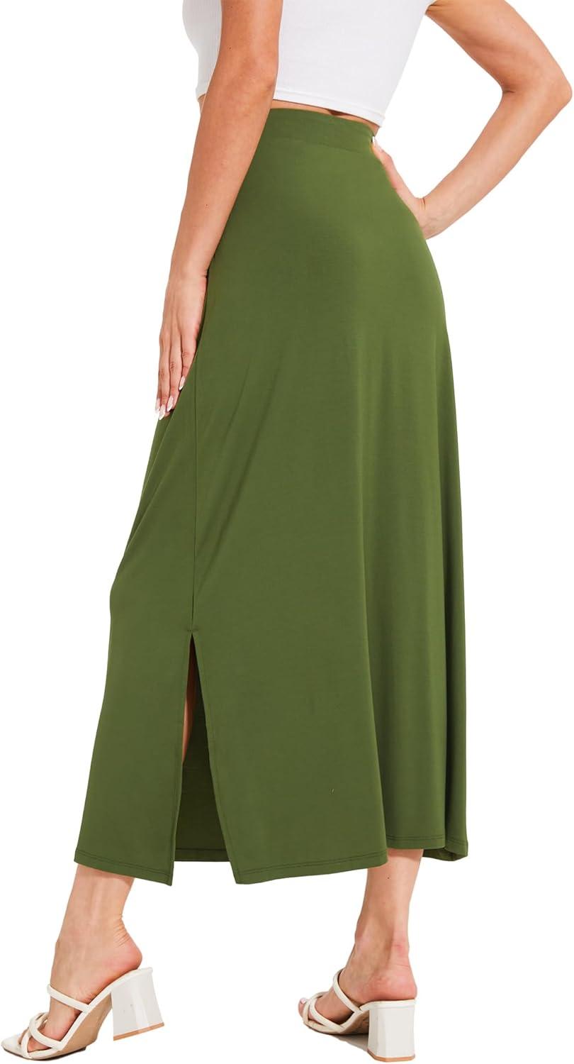 imageGYS Bamboo Viscose Skirts for Women Midi Length Flowy High Waisted Summer Knit Long Skirts with SlitArmy Green