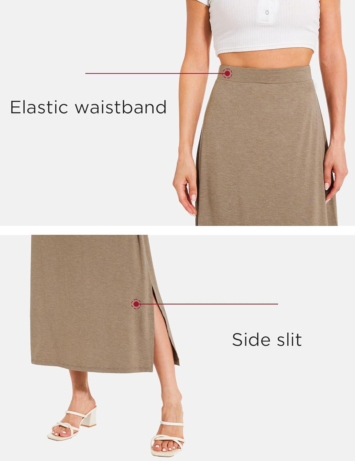 imageGYS Bamboo Viscose Skirts for Women Midi Length Flowy High Waisted Summer Knit Long Skirts with SlitCamel