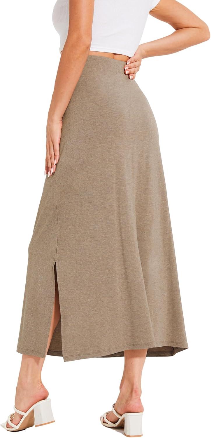 imageGYS Bamboo Viscose Skirts for Women Midi Length Flowy High Waisted Summer Knit Long Skirts with SlitCamel