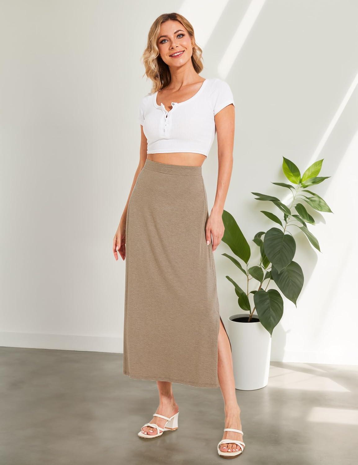 imageGYS Bamboo Viscose Skirts for Women Midi Length Flowy High Waisted Summer Knit Long Skirts with SlitCamel