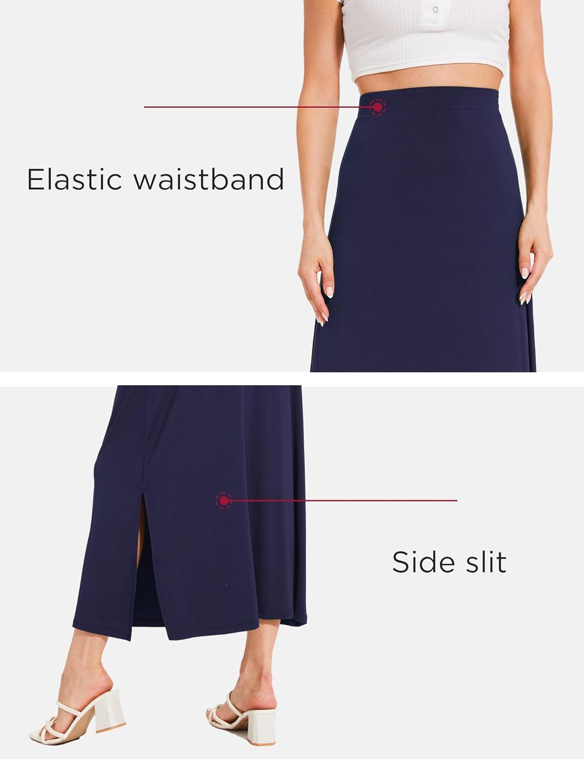 imageGYS Bamboo Viscose Skirts for Women Midi Length Flowy High Waisted Summer Knit Long Skirts with SlitNavy