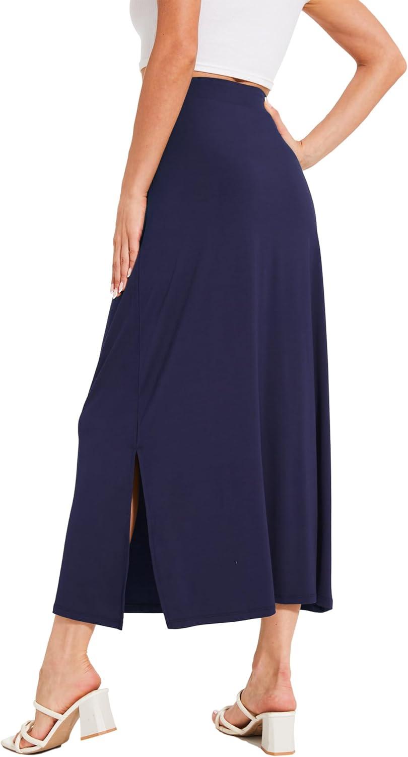imageGYS Bamboo Viscose Skirts for Women Midi Length Flowy High Waisted Summer Knit Long Skirts with SlitNavy