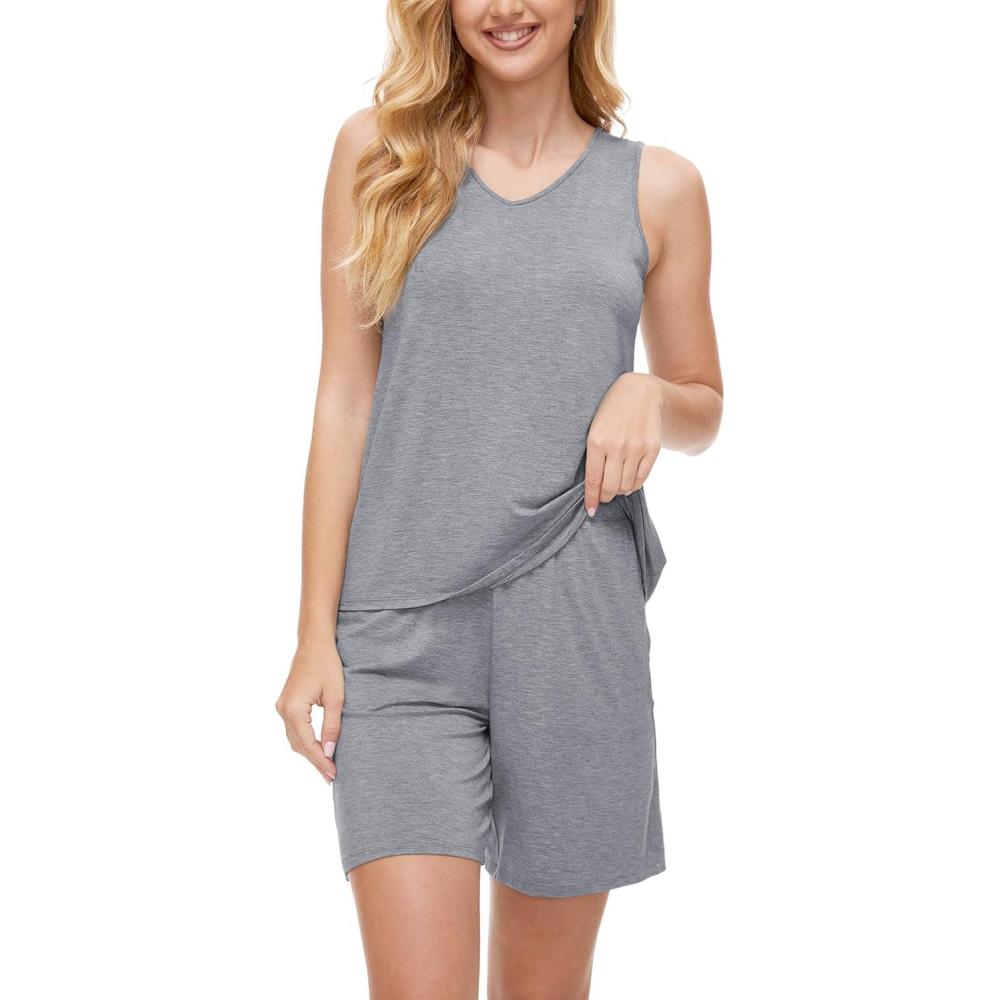 imageGYS Bamboo Viscose Pajamas for Women Set Sleeveless Tank Top and Sleep Shorts Summer Lightweight Lounge Sleepwear Pjs SetHeather Grey