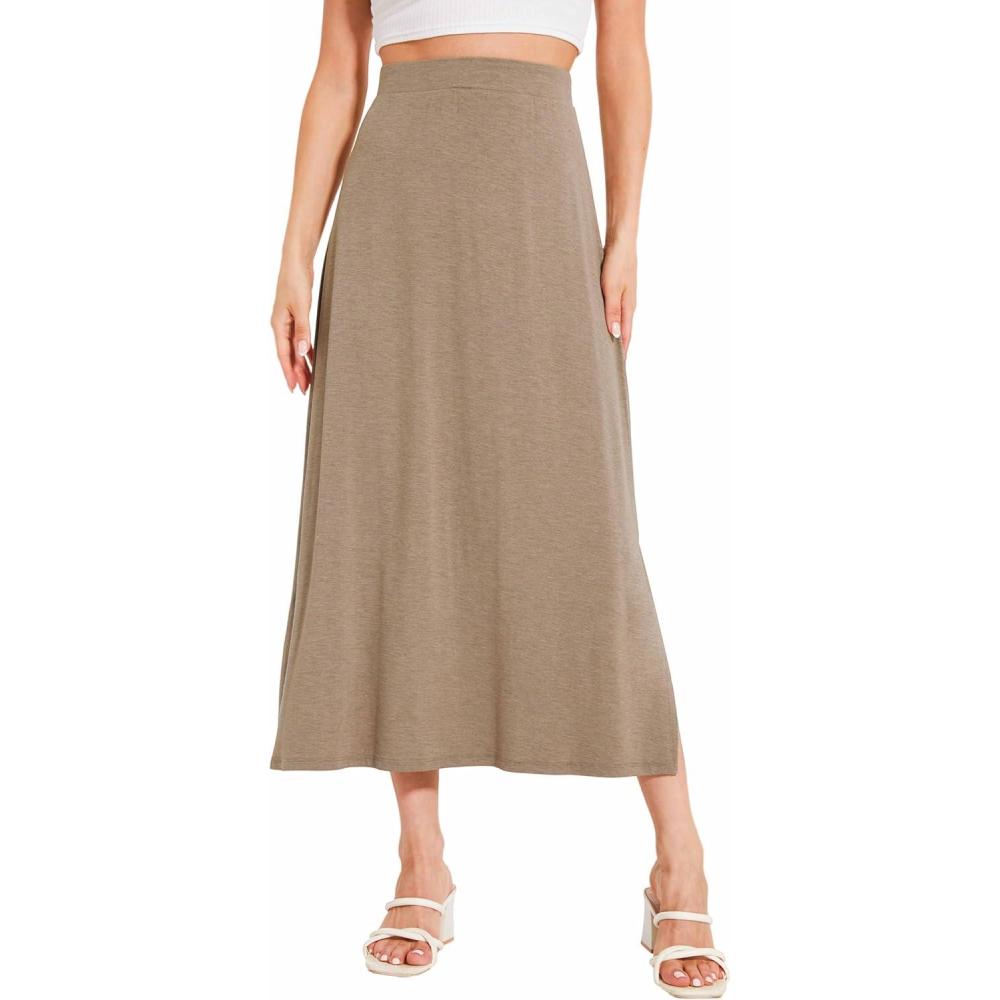 imageGYS Bamboo Viscose Skirts for Women Midi Length Flowy High Waisted Summer Knit Long Skirts with SlitCamel