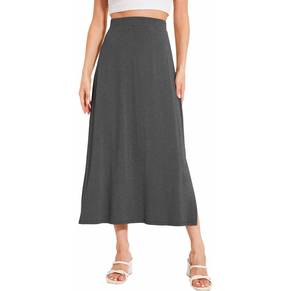 imageGYS Bamboo Viscose Skirts for Women Midi Length Flowy High Waisted Summer Knit Long Skirts with SlitDark Heather Grey