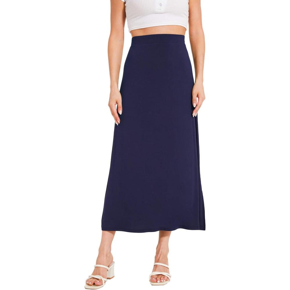 imageGYS Bamboo Viscose Skirts for Women Midi Length Flowy High Waisted Summer Knit Long Skirts with SlitNavy