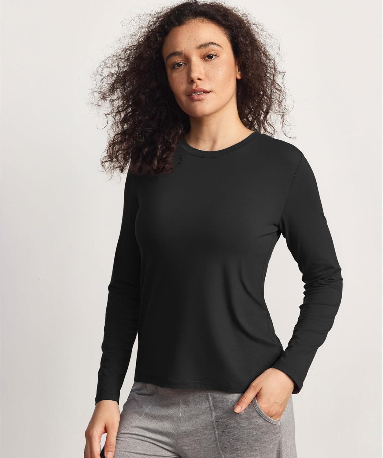 imageGYS Womens Pajama Tops Bamboo Viscose Soft and MoistureWicking Long Sleeve Underwear Base LayerCrew Neckblack