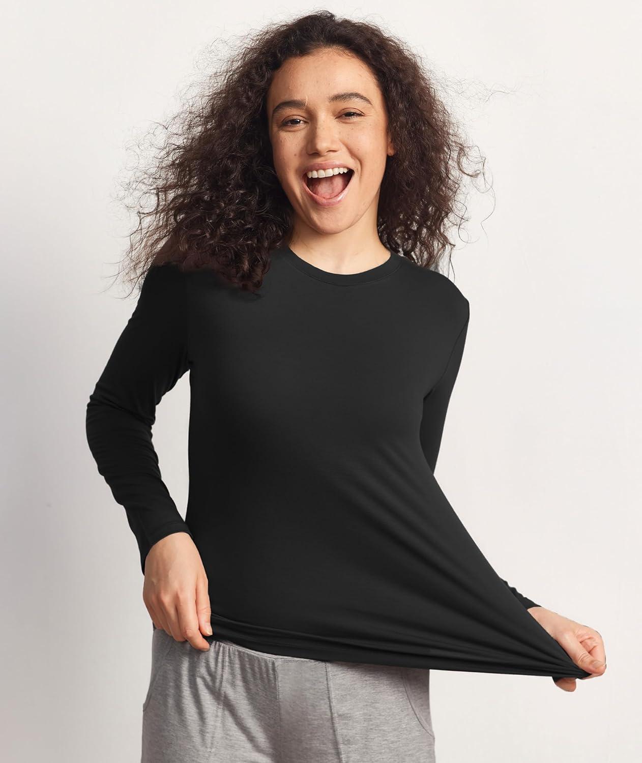imageGYS Womens Pajama Tops Bamboo Viscose Soft and MoistureWicking Long Sleeve Underwear Base LayerCrew Neckblack